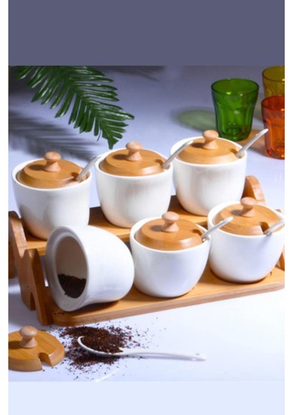 Luxury Bambu Kapaklı Kaşıklı Porselen Mini Baharatlık 1 Adet