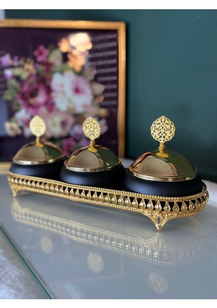 Luxury Gold Kapaklı Siyah Baharat Takımı 3lü 1 Adet