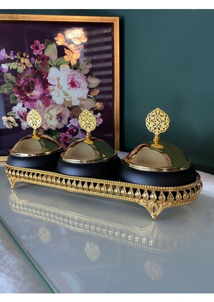 Luxury Gold Kapaklı Siyah Baharat Takımı 3lü 1 Adet