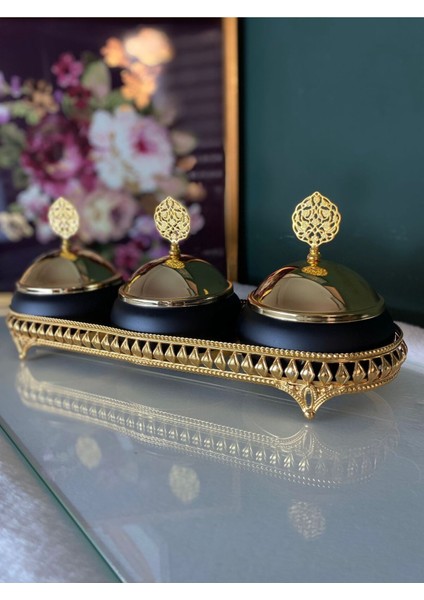 Luxury Gold Kapaklı Siyah Baharat Takımı 3lü 1 Adet