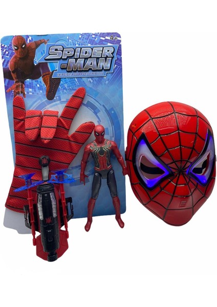 Luxury Vantuz Atan Eldiven+Işıklı Maske+18 cm Işıklı Figür 3 Lü Set Oyuncak Spiderman 1 Adet