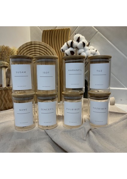 Luxury 8'li Bambu Vakum Kapak Cam Baharatlık Seti Etiketli 1 Adet