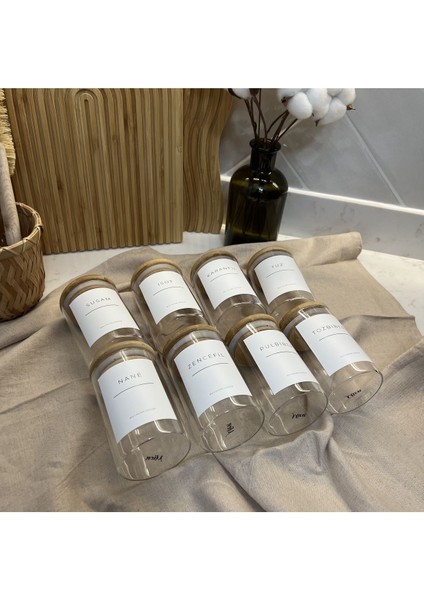 Luxury 8'li Bambu Vakum Kapak Cam Baharatlık Seti Etiketli 1 Adet