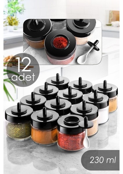 Luxury 12 Adet Kapağı Kendinden Kaşıklı ve Etiketli Baharatlık Seti - 300 ml - Cam Kaşıklı Baharat Takımı 1 Adet
