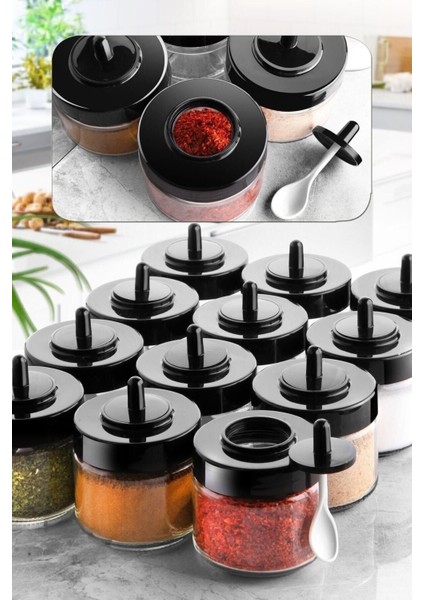 Luxury 12 Adet Kapağı Kendinden Kaşıklı ve Etiketli Baharatlık Seti - 300 ml - Cam Kaşıklı Baharat Takımı 1 Adet