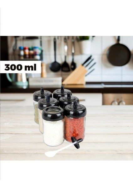 Luxury 6 Adet Kapağı Kendinden Kaşıklı Baharatlık Seti Cam Kavanoz 300 ml Siyah 1 Adet