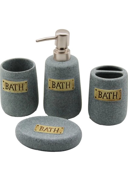 4 Pcs Gri Seramik Banyo Temizlik Seti Sıvı - Katı Sabunluk - Diş Fırçalık - Macunluk (4887)