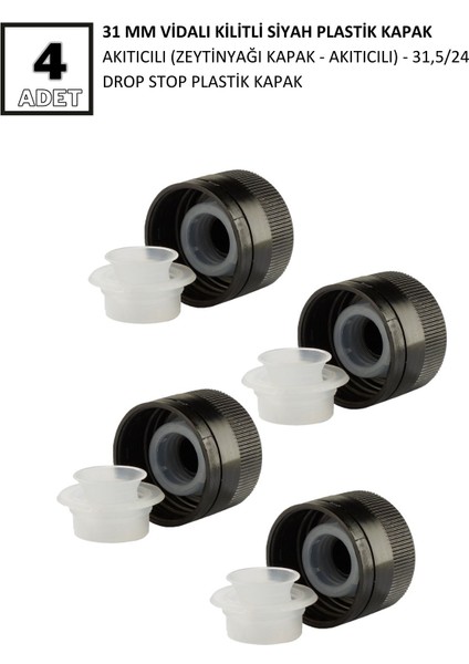 31 mm Vidalı Kilitli Siyah Plastik Kapak Akıtıcılı (Zeytinyağı Kapak - Akıtıcılı) - 31,5/24 Drop Stop Plastik Kapak