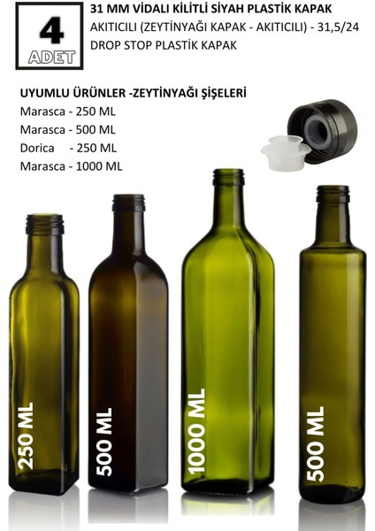 31 mm Vidalı Kilitli Siyah Plastik Kapak Akıtıcılı (Zeytinyağı Kapak - Akıtıcılı) - 31,5/24 Drop Stop Plastik Kapak fiyatları