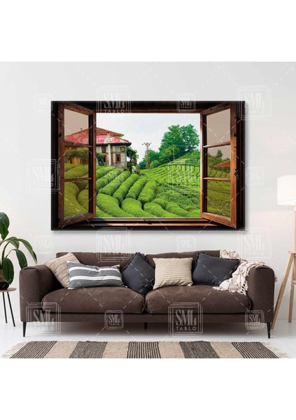 Çeçeva Çay Bahçesi Tarlası Açılan Pencere Karadeniz Rize Çamlıhemşin Yatay Kanvas Tablo