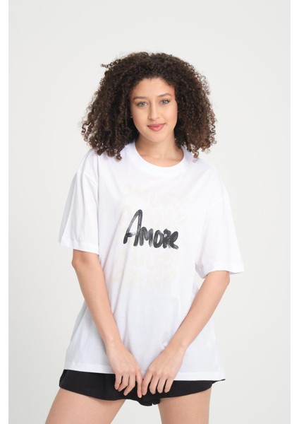 %100 Pamuk Rahat Kesim T-Shirt - Estetik Amore Detayı fırsatları
