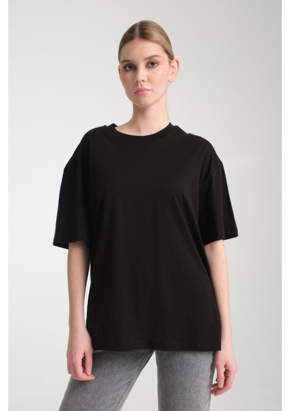 %100 Pamuk, Bisiklet Yaka, Oversize, Kısa Kollu Basic T-Shirt