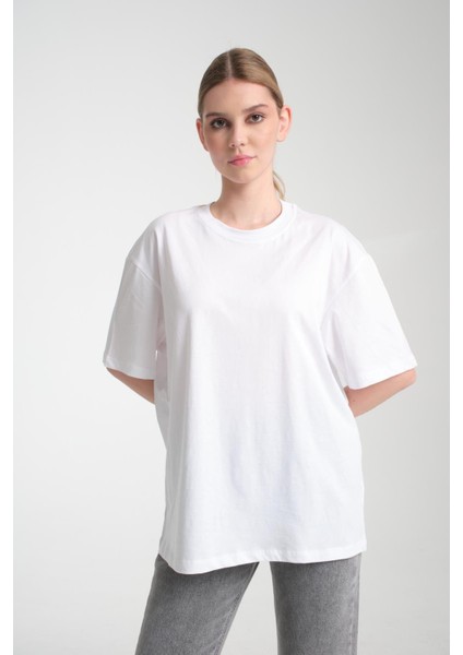 %100 Pamuk, Bisiklet Yaka, Oversize, Kısa Kollu Basic T-Shirt