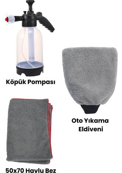 Araba Yıkama Eldiveni, Köpük Atan Pompa ve Araç Kurulama Bezi Seti | Köpüklü Oto Yıkama Seti