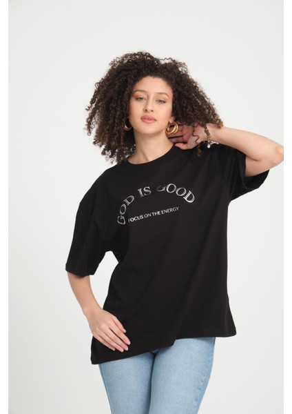 %100 Pamuk Kadın Oversized Bisiklet Yaka Kısa Kollu T-Shirt _ Motivasyonel Yazı Baskılı