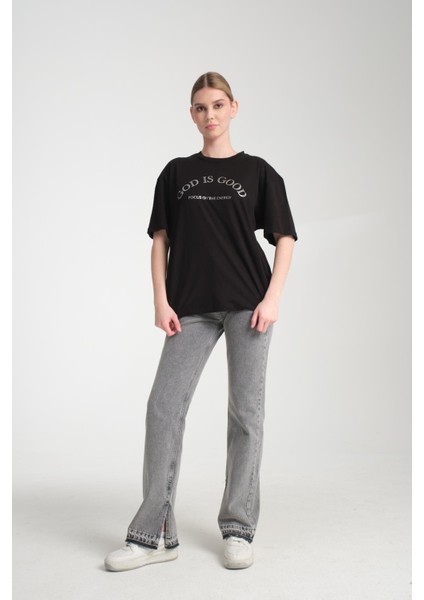 %100 Pamuk Kadın Oversized Bisiklet Yaka Kısa Kollu T-Shirt _ Motivasyonel Yazı Baskılı fırsatları