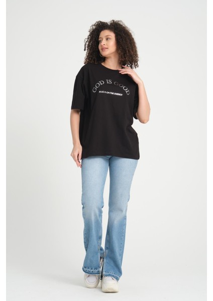 %100 Pamuk Kadın Oversized Bisiklet Yaka Kısa Kollu T-Shirt _ Motivasyonel Yazı Baskılı indirimleri