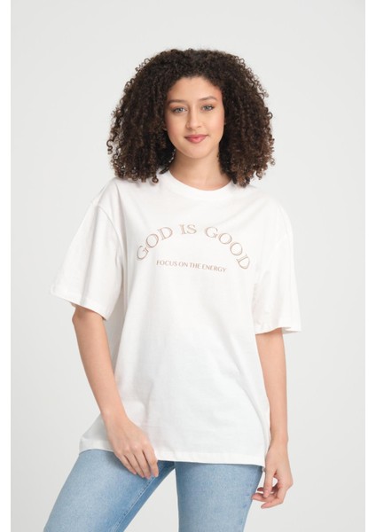 %100 Pamuk Kadın Oversized Bisiklet Yaka Kısa Kollu T-Shirt _ Motivasyonel Yazı Baskılı