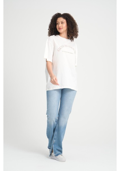 %100 Pamuk Kadın Oversized Bisiklet Yaka Kısa Kollu T-Shirt _ Motivasyonel Yazı Baskılı modelleri