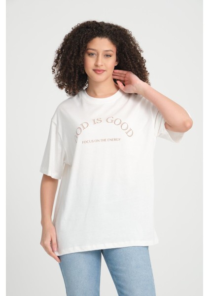 %100 Pamuk Kadın Oversized Bisiklet Yaka Kısa Kollu T-Shirt _ Motivasyonel Yazı Baskılı fırsatları