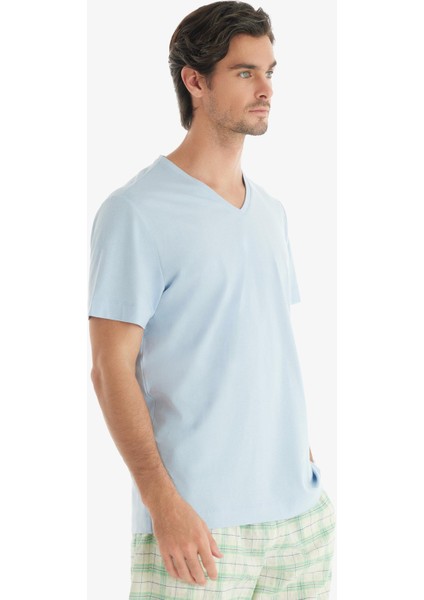 Erkek Modal Regular V Yaka Kısa Kol Mavi T-Shirt C7T1N7O04