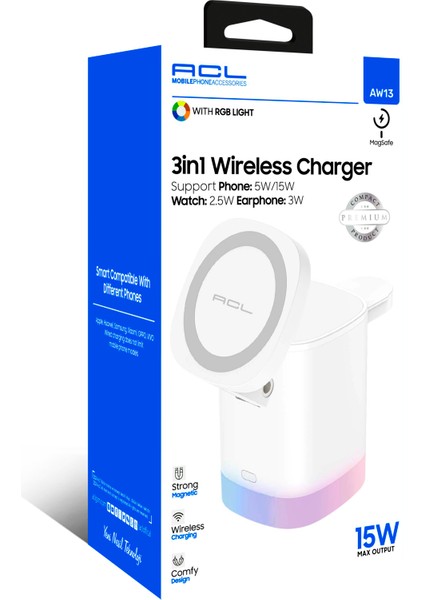 AW13 3'ü 1 Arada Rgb Işıklı Magsafe Kablosuz Şarj Standı