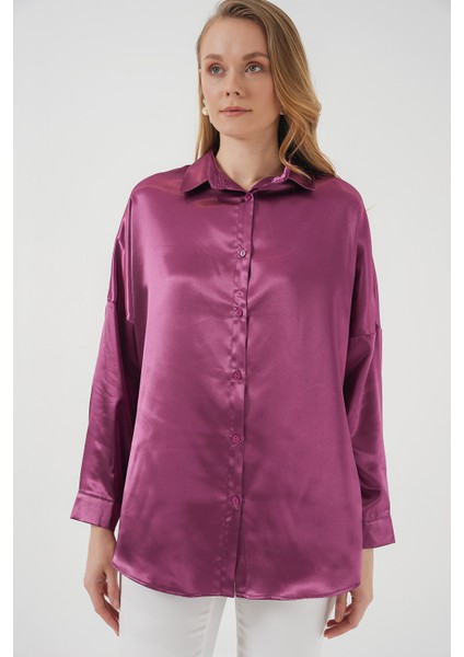 3985 Oversize Saten Gömlek - Koyu Lila