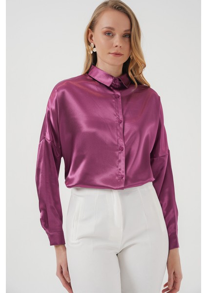 3985 Oversize Saten Gömlek - Koyu Lila