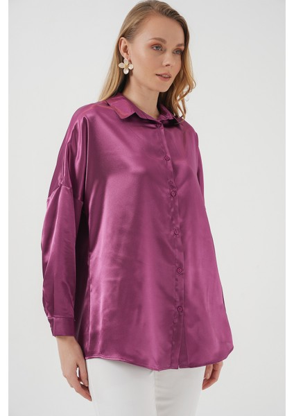 3985 Oversize Saten Gömlek - Koyu Lila