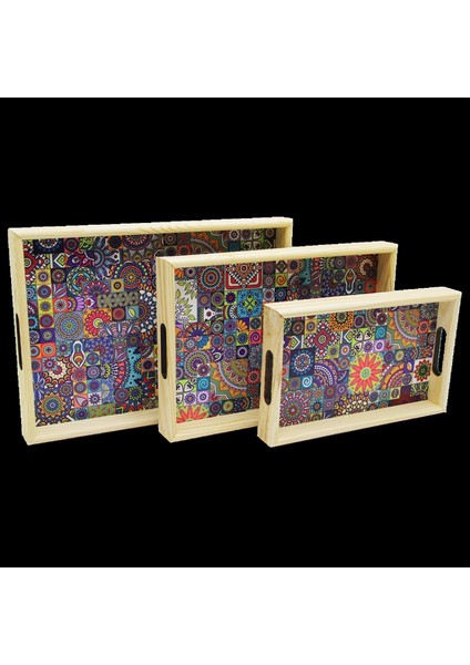3 Boy Ahşap Tepsi Desenli Zemin 16 x 26 - 21 x 31 - 24 x 34 cm (4887)