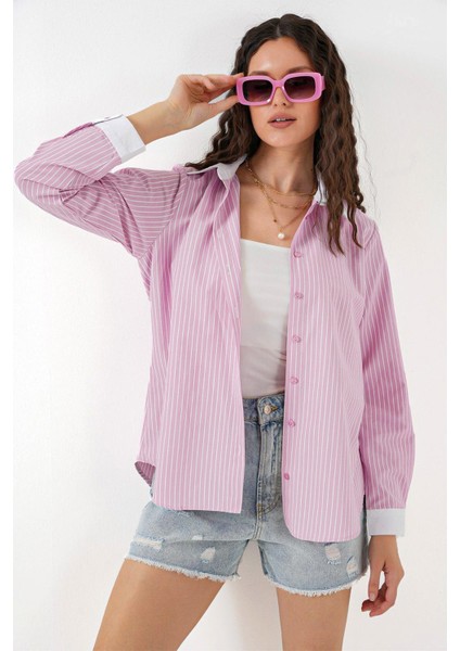 Kadın Çizgili Gömlek 20288 - Pembe