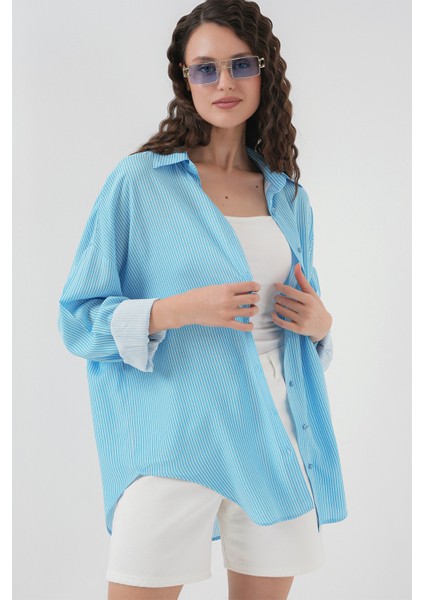 Kadın Çizgili Oversize Gömlek 20295 - Mavi