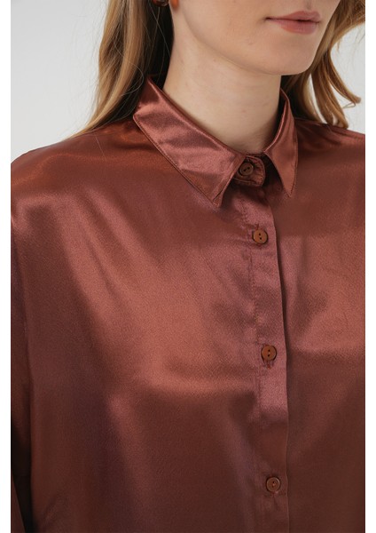 3985 Oversize Saten Gömlek - Taba