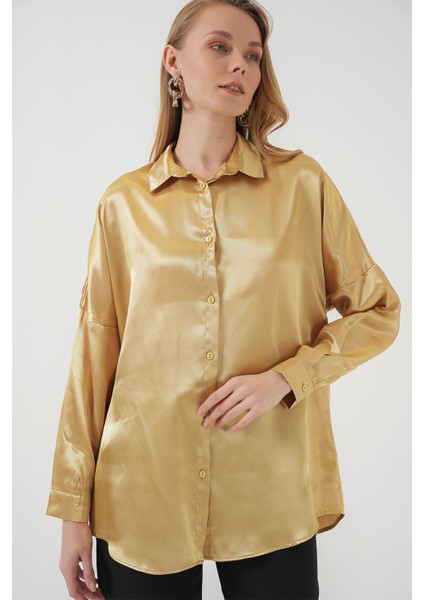 3985 Oversize Saten Gömlek - Altın Sarısı modelleri
