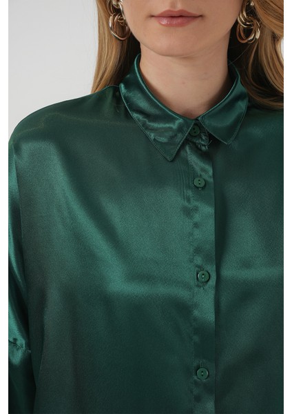 3985 Oversize Saten Gömlek - Zümrüt Yeşili