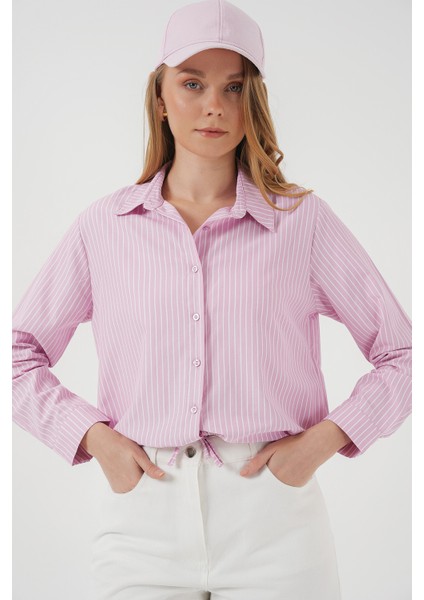 20276 Uzun Kol Çizgili Gömlek - Pembe