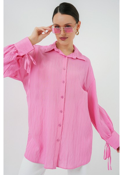 Kadın Oversize Bağcıklı Gömlek 5954 - Pembe