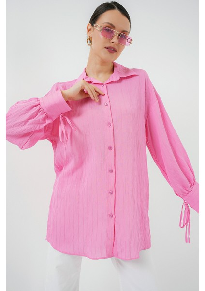 Kadın Oversize Bağcıklı Gömlek 5954 - Pembe