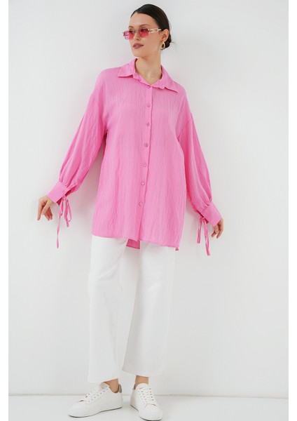 Kadın Oversize Bağcıklı Gömlek 5954 - Pembe