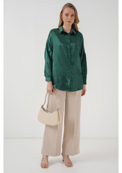 3985 Oversize Saten Gömlek - Zümrüt Yeşili fiyatları