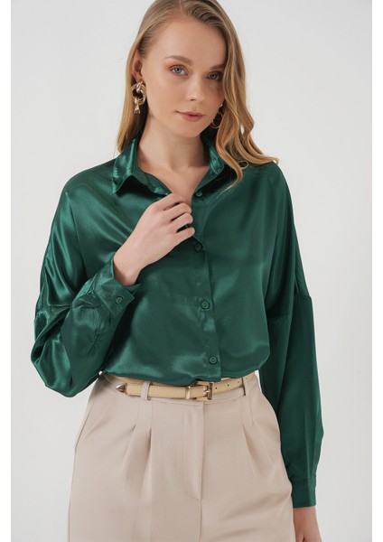 3985 Oversize Saten Gömlek - Zümrüt Yeşili modelleri