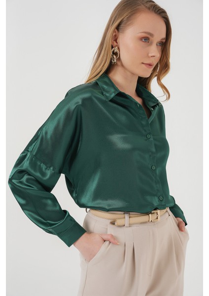 3985 Oversize Saten Gömlek - Zümrüt Yeşili fırsatları