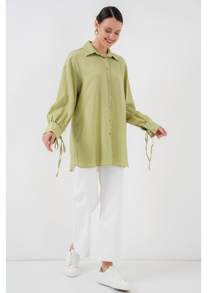 Kadın Oversize Bağcıklı Gömlek 5954 - E.yeşil