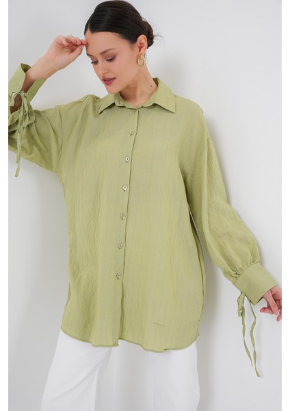 Kadın Oversize Bağcıklı Gömlek 5954 - E.yeşil