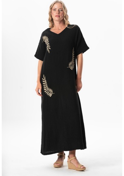 Yarım Kol V Yaka Yaprak Baskılı Uzun Müslin Yazlık Elbise Siyah-Siyah Syh/syh