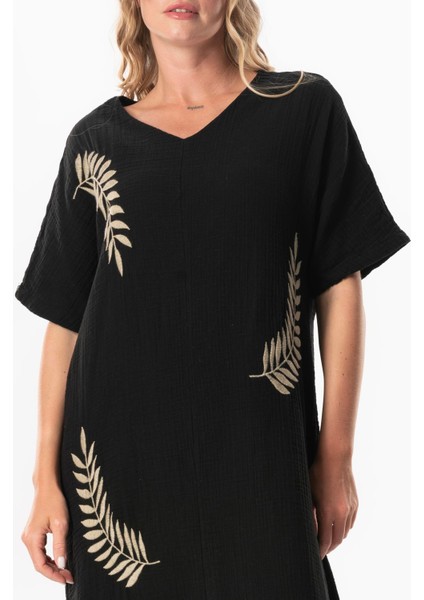 Yarım Kol V Yaka Yaprak Baskılı Uzun Müslin Yazlık Elbise Siyah-Siyah Syh/syh modelleri