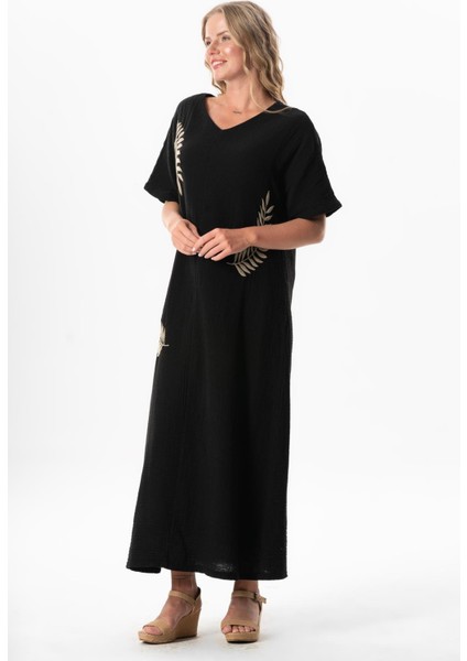 Yarım Kol V Yaka Yaprak Baskılı Uzun Müslin Yazlık Elbise Siyah-Siyah Syh/syh fırsatları