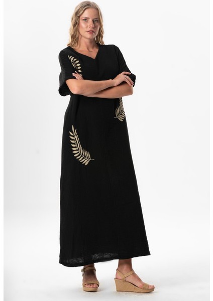 Yarım Kol V Yaka Yaprak Baskılı Uzun Müslin Yazlık Elbise Siyah-Siyah Syh/syh indirimleri