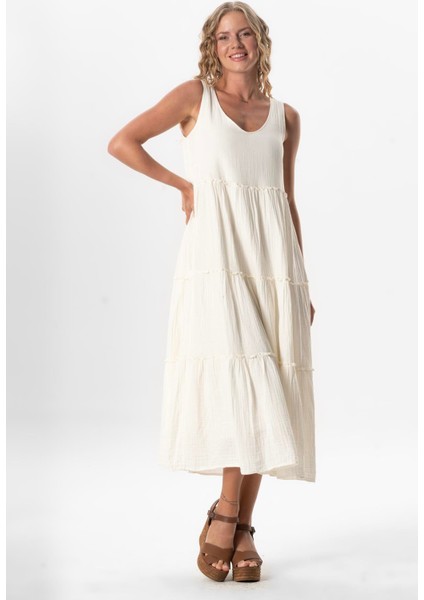 Kolsuz Artemis Oval Yaka Yıldız Baskılı Midi Boy Müslin Yazlık Elbise Kırık Beyaz Krkbyz