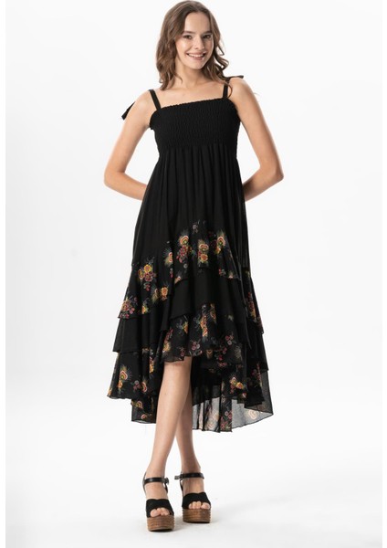 Askılı Vual Gülçimen Kat Kat Asimetrik Kesim Yazlık Midi Boy Elbise Siyah Syh